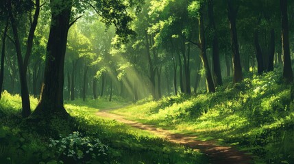 Fototapeta premium Lush green forest with tall trees dappled sunlight and a winding path