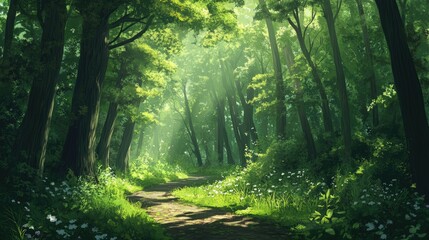 Obraz premium Lush green forest with tall trees dappled sunlight and a winding path