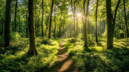 Obraz premium Lush green forest with tall trees dappled sunlight and a winding path