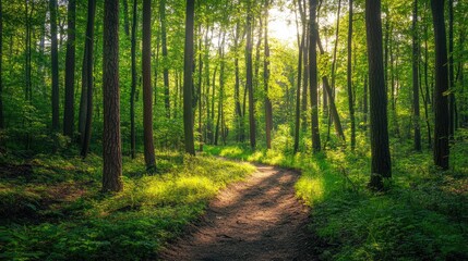 Obraz premium Lush green forest with tall trees dappled sunlight and a winding path