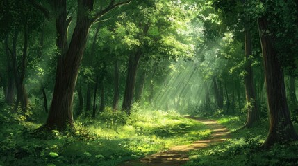 Fototapeta premium Lush green forest with tall trees dappled sunlight and a winding path