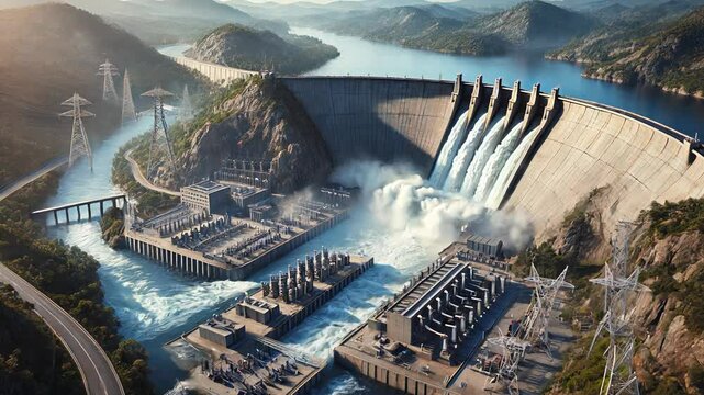 A Beautiful Aerial View of a Modern Hydroelectric Dam That Generates Power Effectively