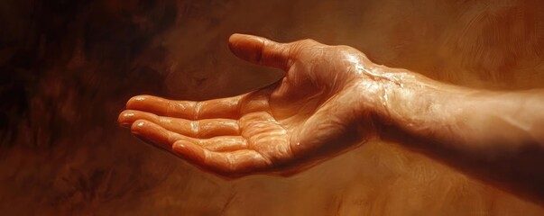 Fototapeta premium Realistic hand reaching outward, symbolizing hope and connection, with a warm, soft background that enhances the human touch.