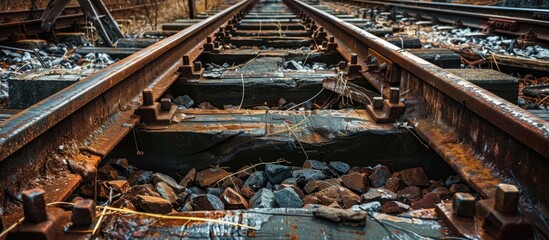 Metallic Rusted Railroad Railway Track Of Train Abandoned Forgotten And Not Used Any More For Transportation