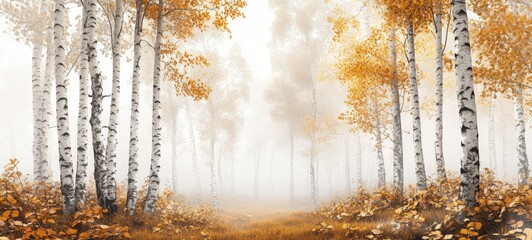 Serene Foggy Birch Forest with a Blanket of Golden Leaves for Nature Enthusiasts