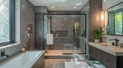 Modern bathroom with a walk-in shower  sleek fixtures  and stylish tiles