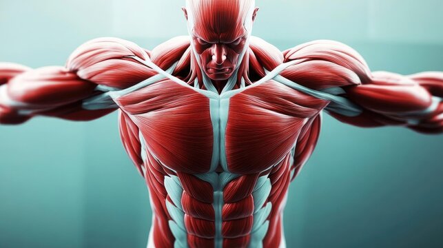 Detailed anatomical illustration of human muscle structure showcasing intricate muscle fibers and dynamic posture.