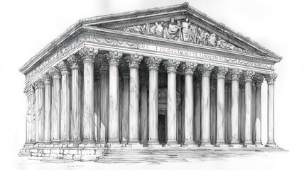 Classical temple with columns and decorative frieze.