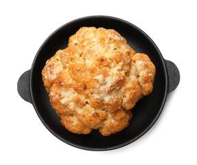 Delicious baked cauliflower in baking dish isolated on white, top view