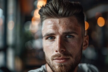 Fototapeta premium Thoughtful man with beard and piercing blue eyes