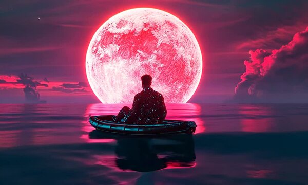 Un homme dans un d&eacute;cor n&eacute;on se trouve dans une mer sur une plan&egrave;te au c&oelig;ur d'une galaxie lointaine, cr&eacute;ant une ambiance myst&eacute;rieuse et cosmique