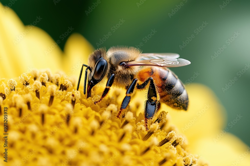 Sticker Closeup of a bee pollinating a yellow flower