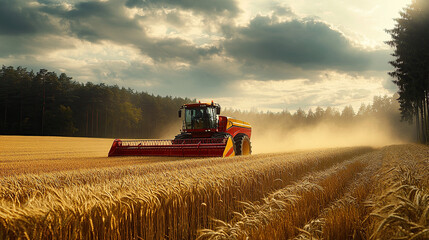 Obraz premium a red and yellow harvester working in a wheat field
