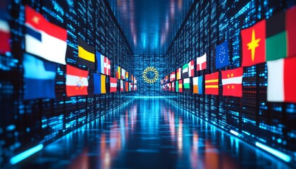 Obraz premium Global Network of Flags in a Digital Corridor.