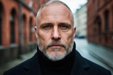 Obraz premium Serious mature man with beard looking at camera