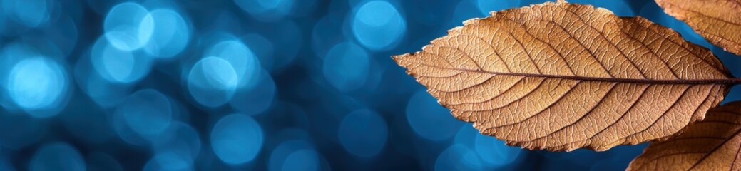 Obraz premium Autumn leaf against blue bokeh background