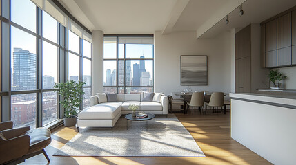 Fototapeta premium Photograph of an open-concept apartment living room and kitchen with large windows showcasing the city skyline