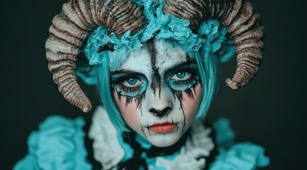 Surreal fantasy portrait of a woman with horns and blue makeup