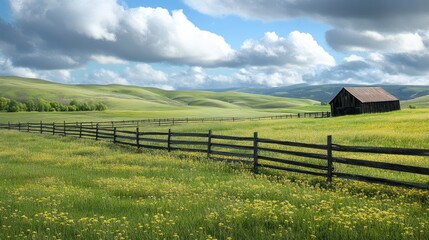 Scenic mountain landscape with rolling hills  clear blue sky  and a meandering river 