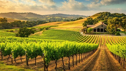 Naklejka premium Scenic vineyard landscape with rows of grapevines rolling hills and a rustic winery