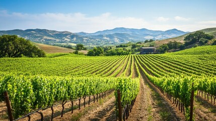 Naklejka premium Scenic vineyard landscape with rows of grapevines rolling hills and a rustic winery