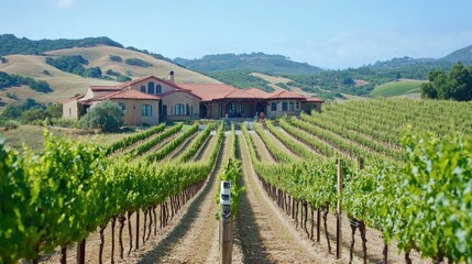 Fototapeta premium Scenic vineyard landscape with rows of grapevines rolling hills and a rustic winery