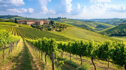 Scenic vineyard landscape with rows of grapevines  rolling hills  and a rustic winery