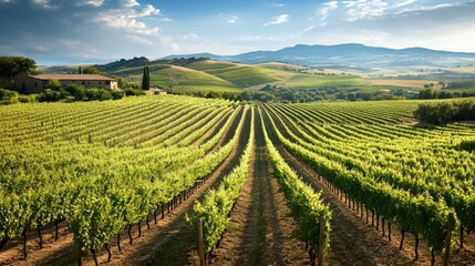 Scenic vineyard landscape with rows of grapevines  rolling hills  and a rustic winery