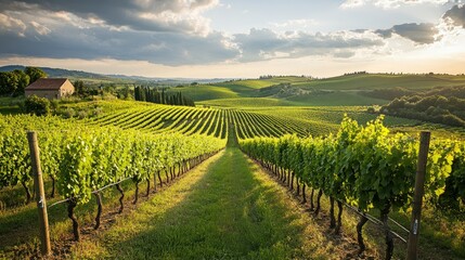Obraz premium Scenic vineyard landscape with rows of grapevines rolling hills and a rustic winery