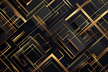 Abstract black background with golden geometric shapes, luxury and modern design for banner or poster, dark background with golden lines, boxs, squares and abstract elements. 