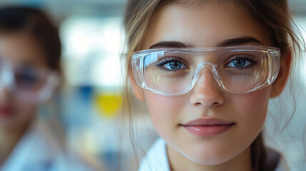 In the lab, a close-up of a beautiful young female scientist, wearing goggles and a white coat