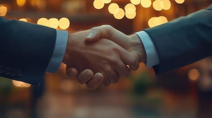 Business deal being closed with a handshake, professional atmosphere, sharp focus, warm lighting