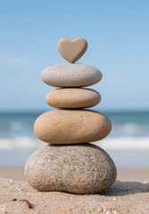Stacked stones with heart-shaped rock on beach