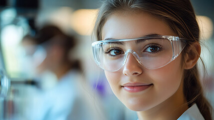 In the lab, a close-up of a beautiful young female scientist, wearing goggles and a white coat