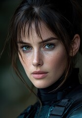 Fototapeta premium Intense gaze of a young woman with dark hair