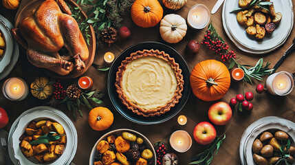 Top view of a wooden Thanksgiving festive Table with roasted turkey, various dishes, apples, pumpkins and decorations.
