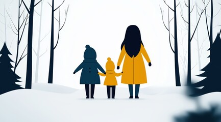 family walking through snowy forest