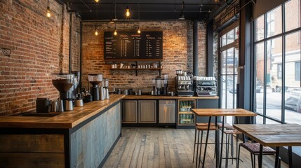 Trendy coffee shop interior with rustic wooden tables, exposed brick walls, and industrial decor