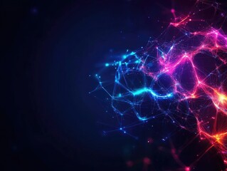 Vibrant abstract digital network with glowing nodes and connections on a dark background, perfect for technology and science themes.