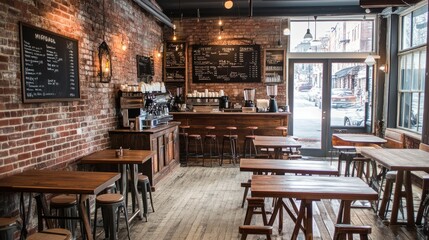 Trendy coffee shop interior with rustic wooden tables, exposed brick walls, and industrial decor