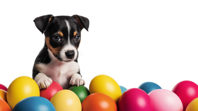 A small black and white dog is laying on a pile of colorful eggs. The eggs are scattered around the dog, with some closer to the dog and others further away. The scene is playful and lighthearted