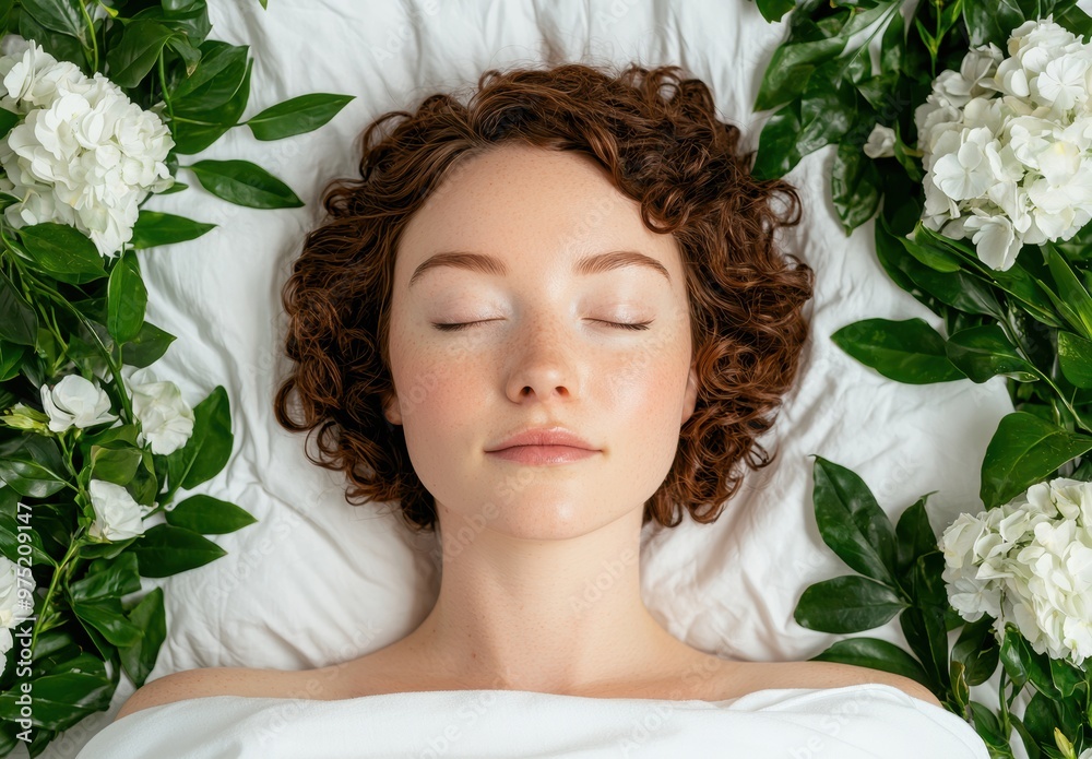 Sticker woman relaxing with eyes closed surrounded by flowers