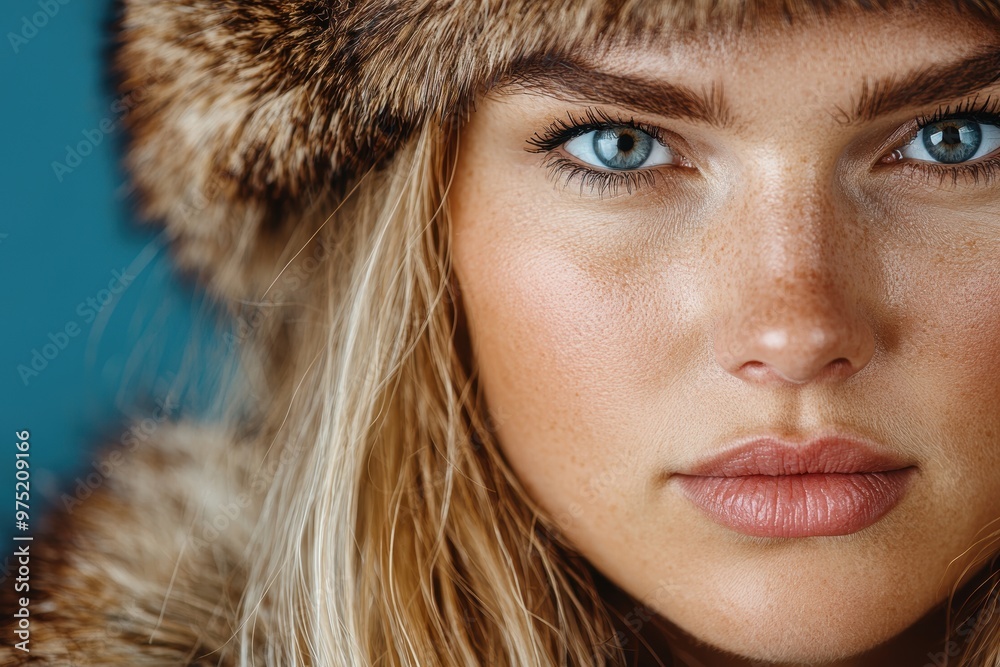 Sticker close-up portrait of a woman with fur hat