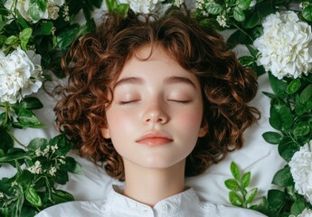 young woman with curly hair surrounded by white flowers