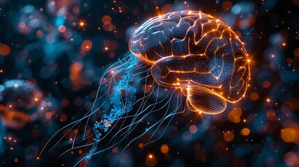 Illustration of a red, glowing brain with neural connections floating in space. The futuristic and high-tech background features digital elements around it,