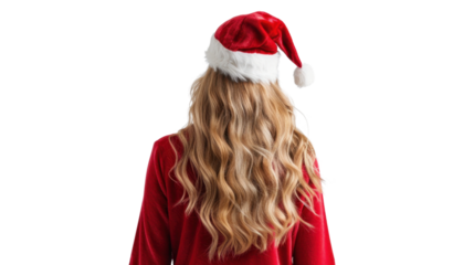 Blonde woman in Christmas Santa Claus costume back view on transparent background