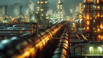 Obraz premium Industrial pipes and gas refinery at night with illuminated structures and moody atmosphere showcasing the complexity of modern manufacturing in an urban setting