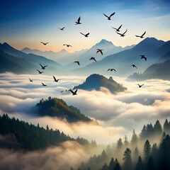 a flock of birds soars above misty mountains silho