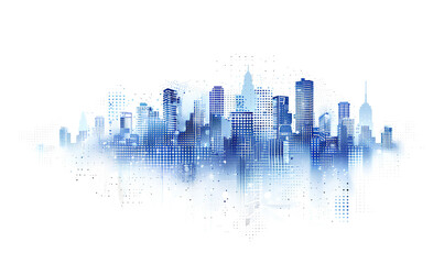 Abstract cityscape background with blue buildings on white, vector illustration of urban landscape with skyline and skyscrapers made from dots or particles