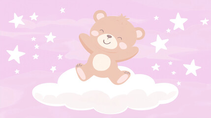 Cute Teddy Bear on a Cloud with Stars